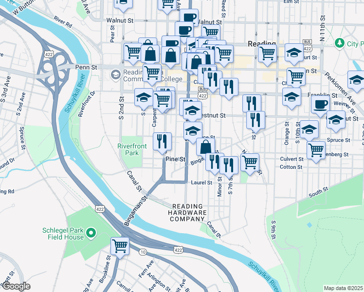map of restaurants, bars, coffee shops, grocery stores, and more near 434 Spruce Street in Reading