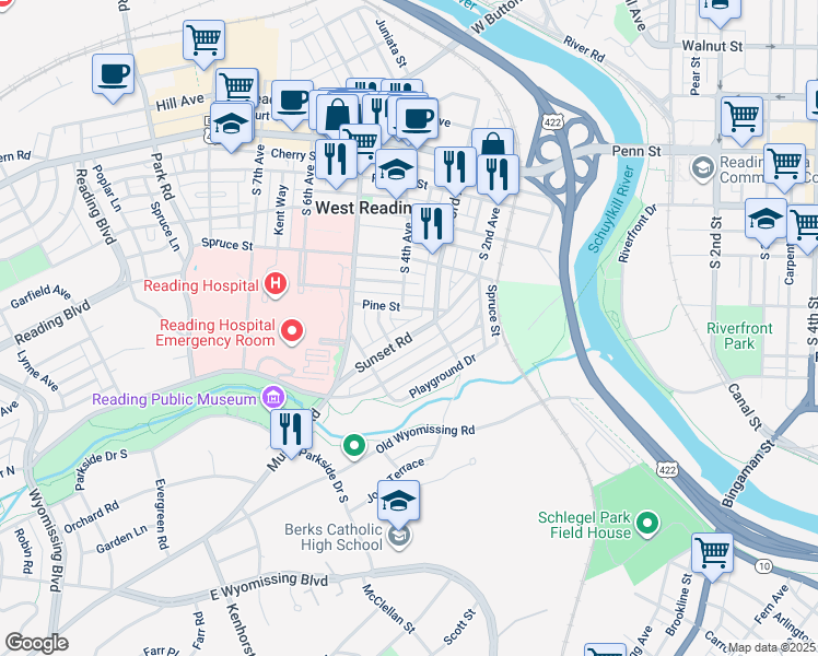 map of restaurants, bars, coffee shops, grocery stores, and more near 386 Sunset Road in West Reading