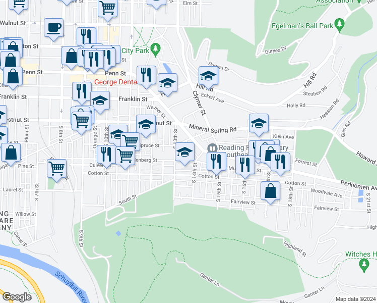 map of restaurants, bars, coffee shops, grocery stores, and more near 315 Miller Street in Reading