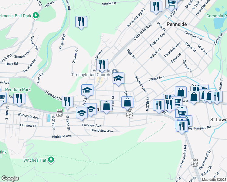 map of restaurants, bars, coffee shops, grocery stores, and more near 201 North 25th Street in Reading