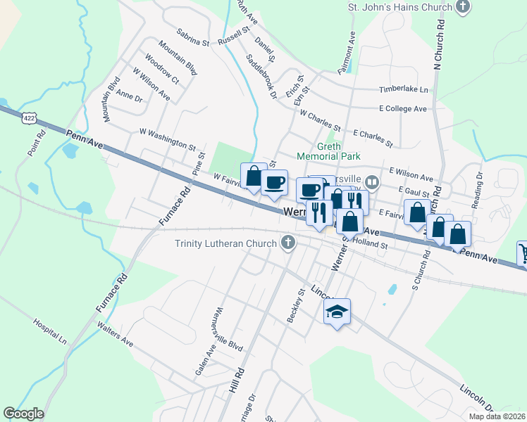map of restaurants, bars, coffee shops, grocery stores, and more near 161 West Penn Avenue in Wernersville