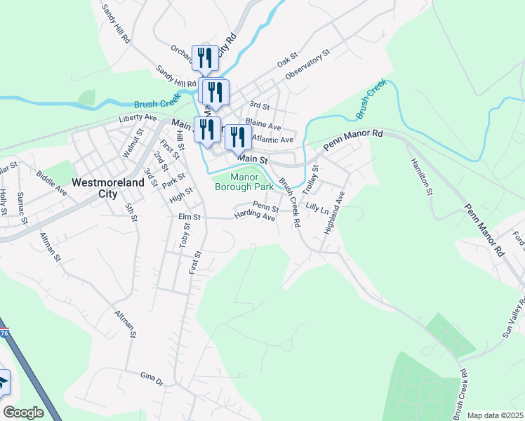 map of restaurants, bars, coffee shops, grocery stores, and more near 25 Penn Street in Manor