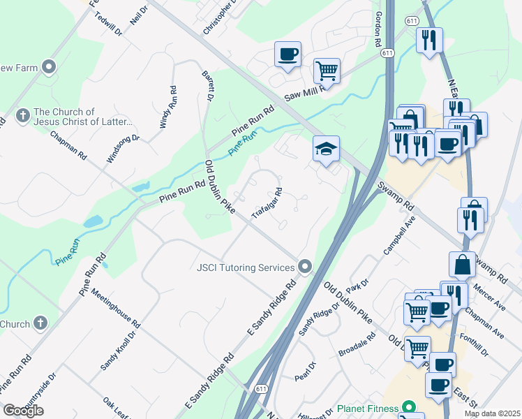 map of restaurants, bars, coffee shops, grocery stores, and more near 298 Gatehouse Circle in Doylestown