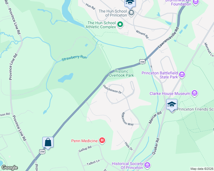 map of restaurants, bars, coffee shops, grocery stores, and more near 12 Benjamin Rush Lane in Princeton