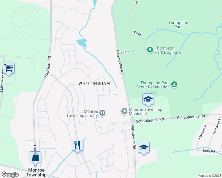 map of restaurants, bars, coffee shops, grocery stores, and more near 52 Stonewyck Place in Monroe Township