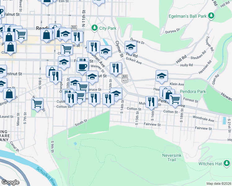 map of restaurants, bars, coffee shops, grocery stores, and more near 1312 Spruce Street in Reading
