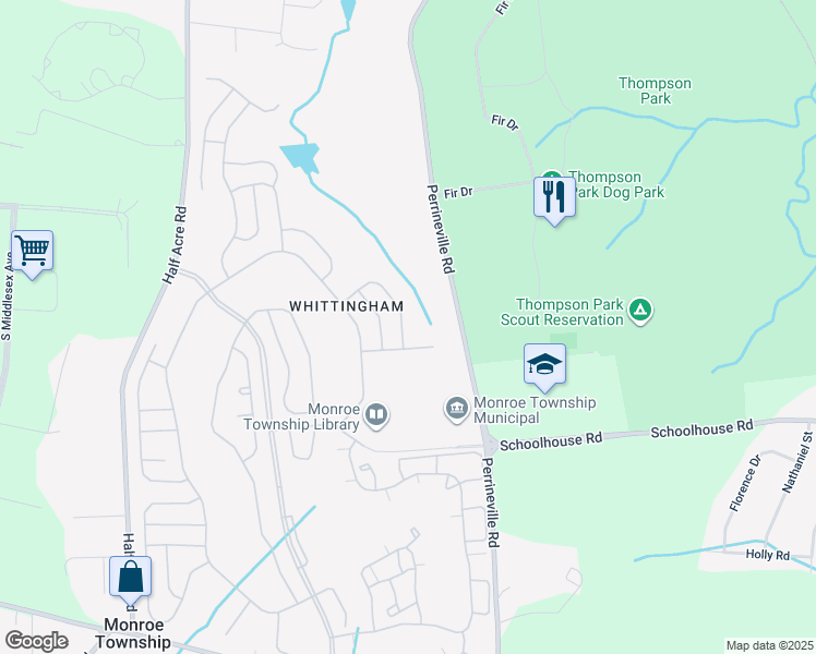 map of restaurants, bars, coffee shops, grocery stores, and more near 52 Stonewyck Place in Monroe Township