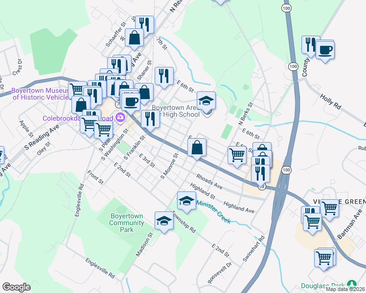 map of restaurants, bars, coffee shops, grocery stores, and more near 425 East Philadelphia Avenue in Boyertown