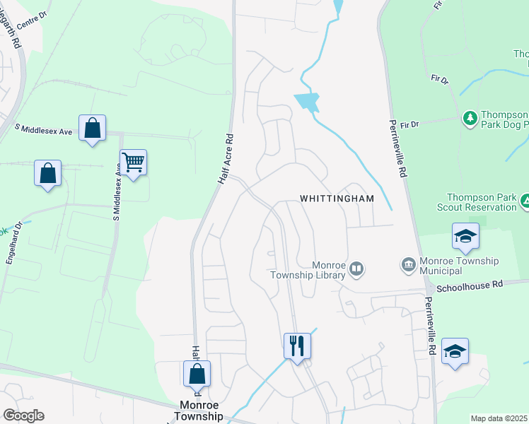 map of restaurants, bars, coffee shops, grocery stores, and more near 119 Leeds Lane in Monroe Township