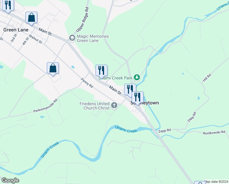 map of restaurants, bars, coffee shops, grocery stores, and more near 3139 Main Street in Green Lane