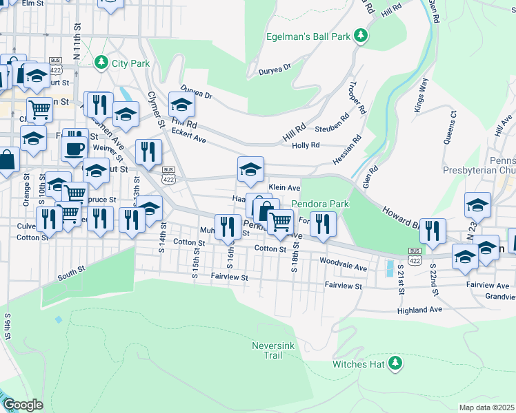 map of restaurants, bars, coffee shops, grocery stores, and more near 309 Hoskins Place in Reading