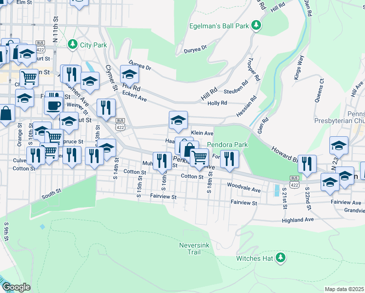 map of restaurants, bars, coffee shops, grocery stores, and more near 309 Hoskins Place in Reading