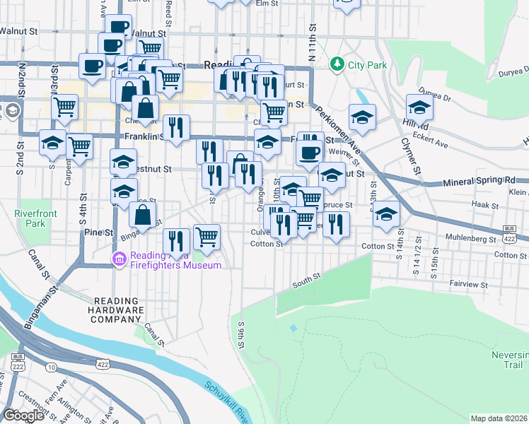 map of restaurants, bars, coffee shops, grocery stores, and more near 920 Spruce Street in Reading