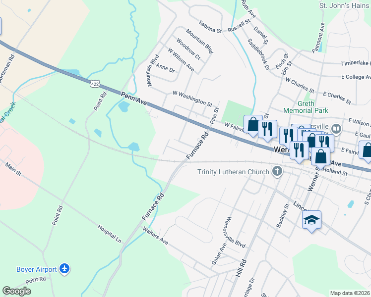 map of restaurants, bars, coffee shops, grocery stores, and more near 450 Franklin Street in Wernersville