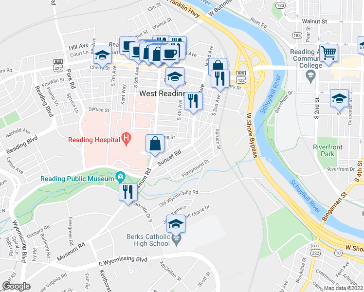 map of restaurants, bars, coffee shops, grocery stores, and more near 406 Pine Street in Reading