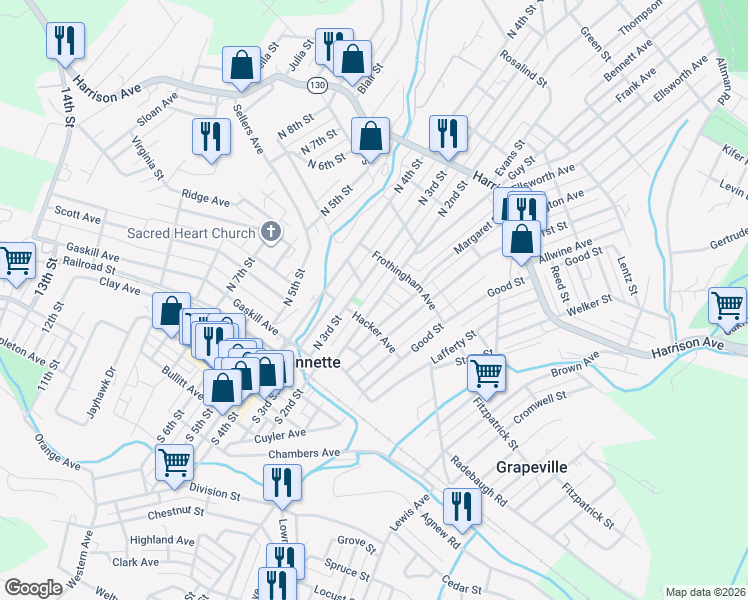 map of restaurants, bars, coffee shops, grocery stores, and more near 215 Second Street North in Jeannette