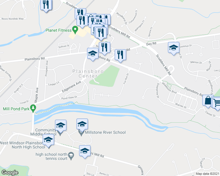 map of restaurants, bars, coffee shops, grocery stores, and more near 1403 Fox Run Drive in Plainsboro Township