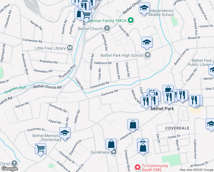 map of restaurants, bars, coffee shops, grocery stores, and more near 3007 Greenwald Road in Bethel Park