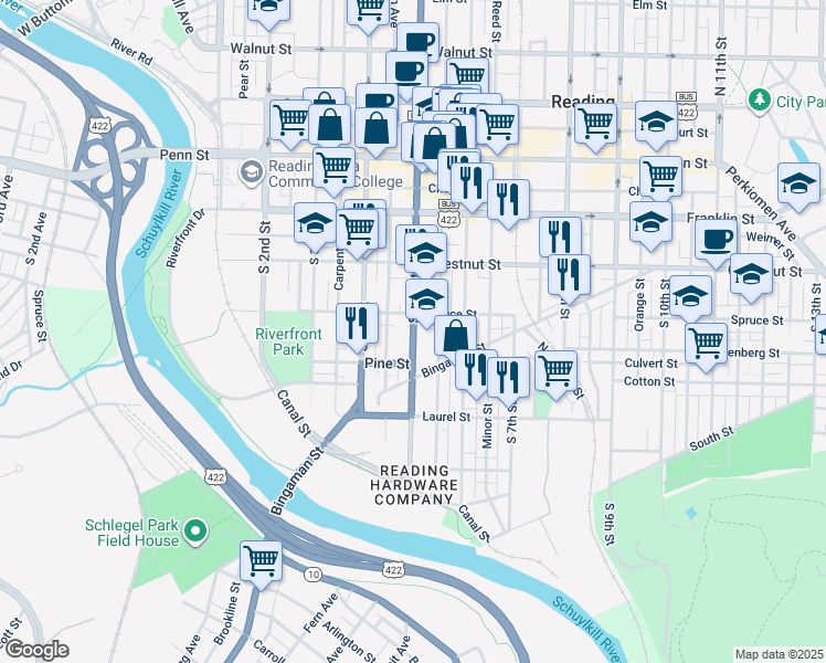 map of restaurants, bars, coffee shops, grocery stores, and more near 315 South 5th Street in Reading