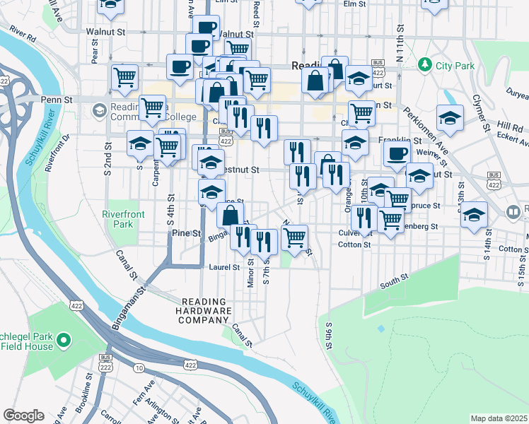map of restaurants, bars, coffee shops, grocery stores, and more near 301 South 7th Street in Reading