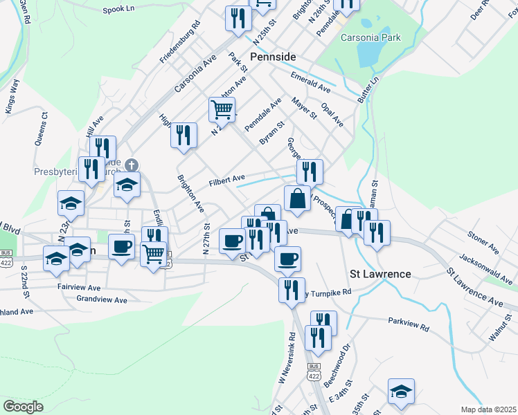 map of restaurants, bars, coffee shops, grocery stores, and more near 308 Butter Lane in Reading