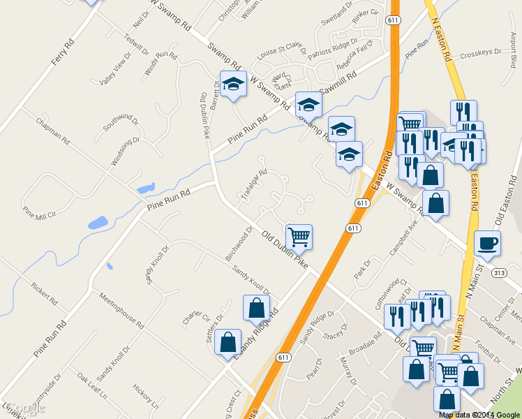 map of restaurants, bars, coffee shops, grocery stores, and more near 236 Gatehouse Circle in Doylestown