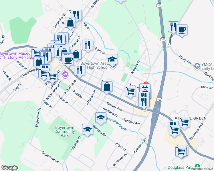 map of restaurants, bars, coffee shops, grocery stores, and more near 526 East 4th Street in Boyertown