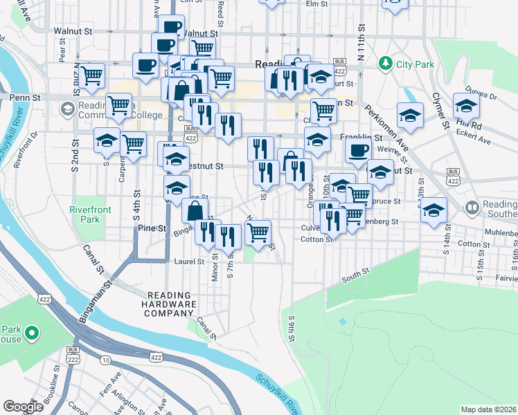 map of restaurants, bars, coffee shops, grocery stores, and more near 300 South 8th Street in Reading