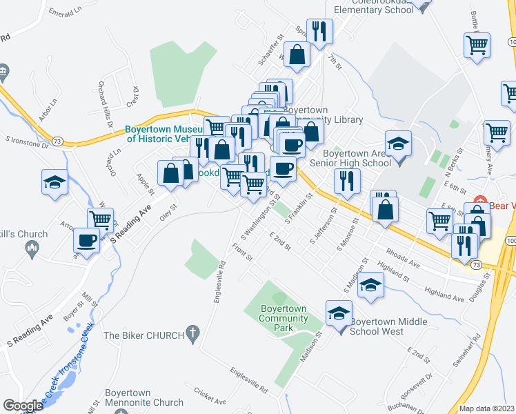 map of restaurants, bars, coffee shops, grocery stores, and more near 133 South Pear Street in Boyertown
