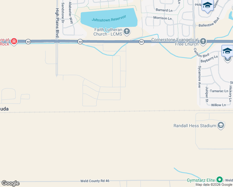 map of restaurants, bars, coffee shops, grocery stores, and more near 4934-5022 State Highway 60 in Johnstown