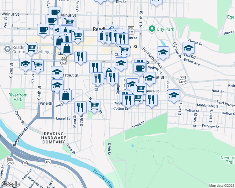map of restaurants, bars, coffee shops, grocery stores, and more near 920 Spruce Street in Reading