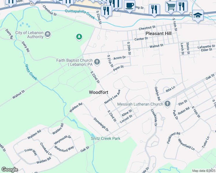 map of restaurants, bars, coffee shops, grocery stores, and more near 75 Creekside Drive in Lebanon