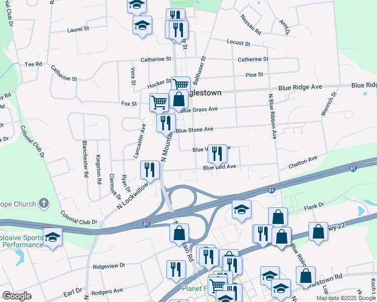 map of restaurants, bars, coffee shops, grocery stores, and more near 513 Blue Eagle Avenue in Harrisburg
