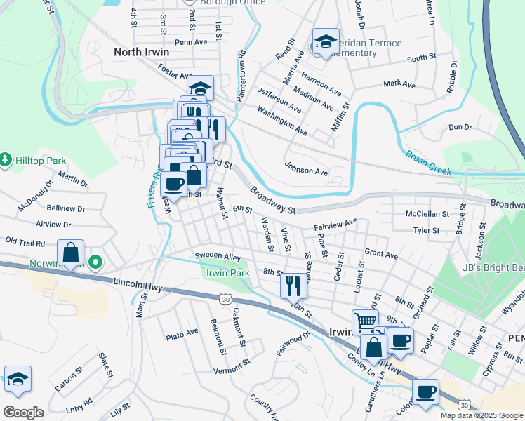 map of restaurants, bars, coffee shops, grocery stores, and more near 10409 Broadway Street in Irwin