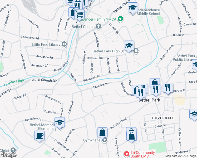 map of restaurants, bars, coffee shops, grocery stores, and more near 3007 Greenwald Road in Bethel Park