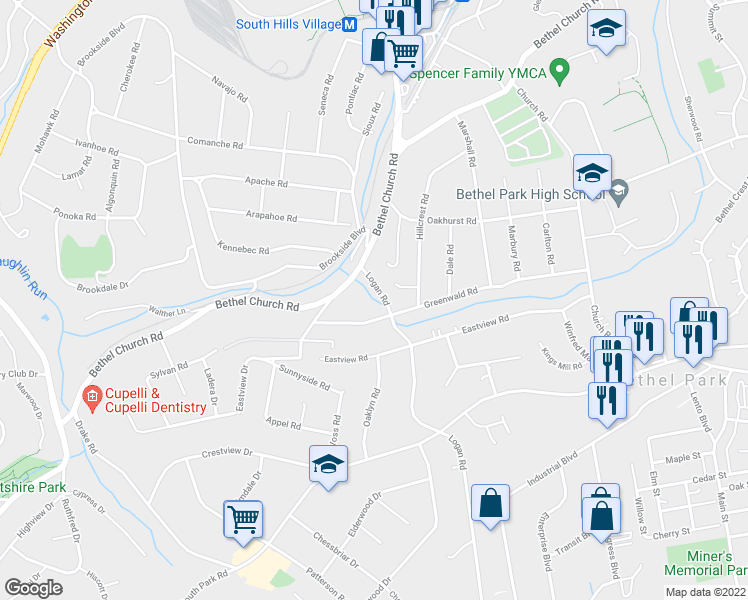 map of restaurants, bars, coffee shops, grocery stores, and more near 108 Logan Road in Bethel Park