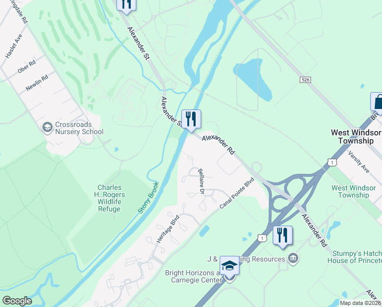 map of restaurants, bars, coffee shops, grocery stores, and more near 12 Fountayne Court in Princeton