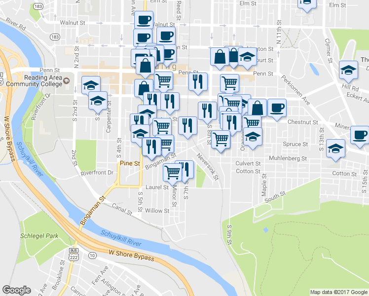map of restaurants, bars, coffee shops, grocery stores, and more near 312 South 7th Street in Reading
