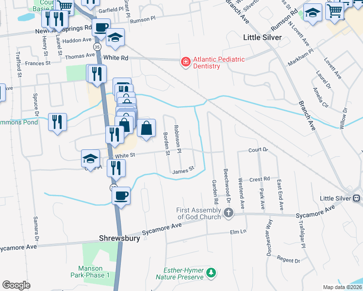 map of restaurants, bars, coffee shops, grocery stores, and more near 67 Robinson Place in Shrewsbury
