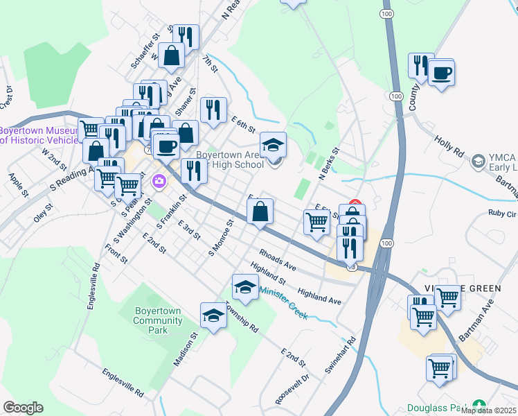 map of restaurants, bars, coffee shops, grocery stores, and more near 524 East 4th Street in Boyertown