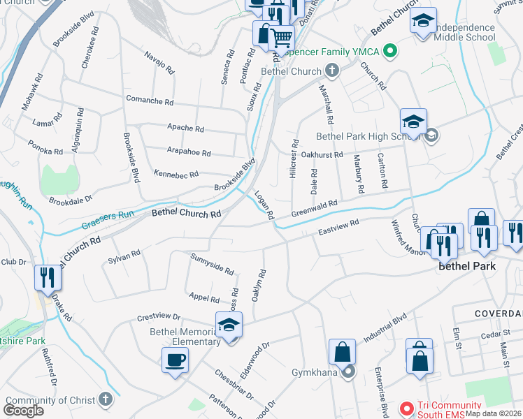map of restaurants, bars, coffee shops, grocery stores, and more near 108 Logan Road in Bethel Park