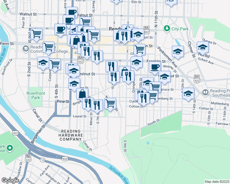 map of restaurants, bars, coffee shops, grocery stores, and more near 300 South 8th Street in Reading
