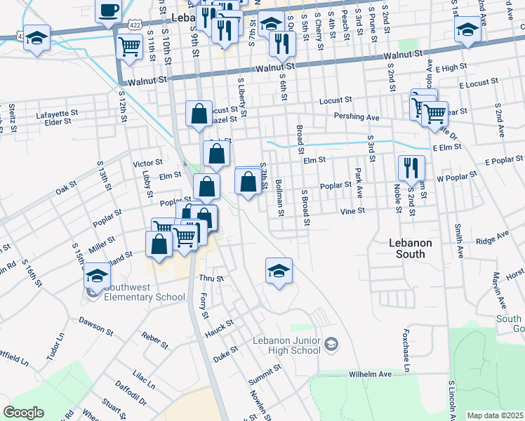map of restaurants, bars, coffee shops, grocery stores, and more near 621 South 7th Street in Lebanon
