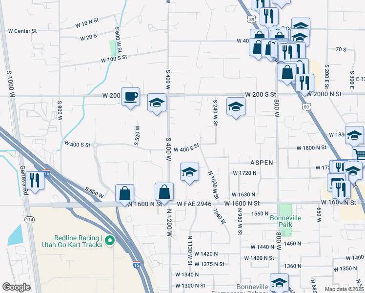 map of restaurants, bars, coffee shops, grocery stores, and more near 389 South 320 West Street in Lindon