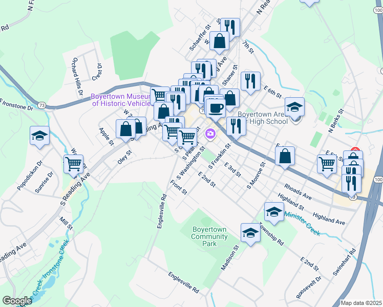map of restaurants, bars, coffee shops, grocery stores, and more near 131 South Pear Street in Boyertown