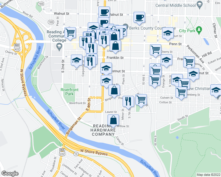map of restaurants, bars, coffee shops, grocery stores, and more near 313 Pearl Street in Reading