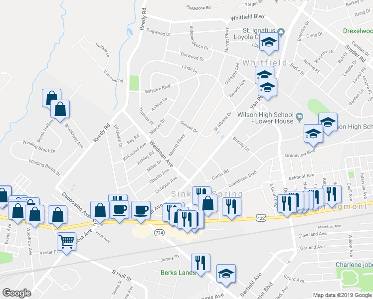 map of restaurants, bars, coffee shops, grocery stores, and more near 3127 Octagon Avenue in Reading