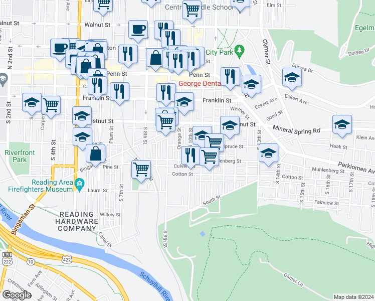 map of restaurants, bars, coffee shops, grocery stores, and more near 310 South 10th Street in Reading
