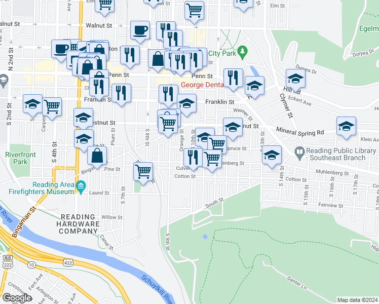 map of restaurants, bars, coffee shops, grocery stores, and more near 259 South 10th Street in Reading
