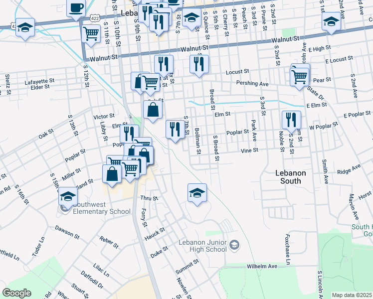 map of restaurants, bars, coffee shops, grocery stores, and more near 621 South 7th Street in Lebanon